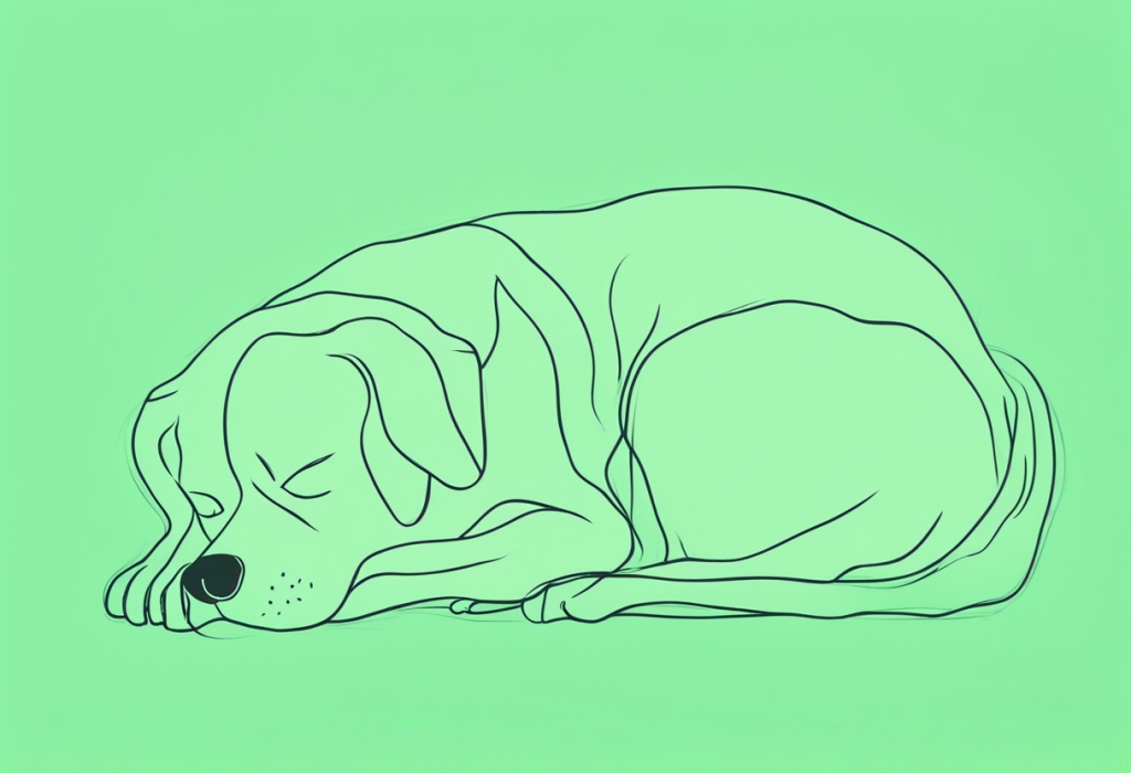 Pastellgrön bakgrund med enkel teckning av en stor hund som sover ihoprullad.