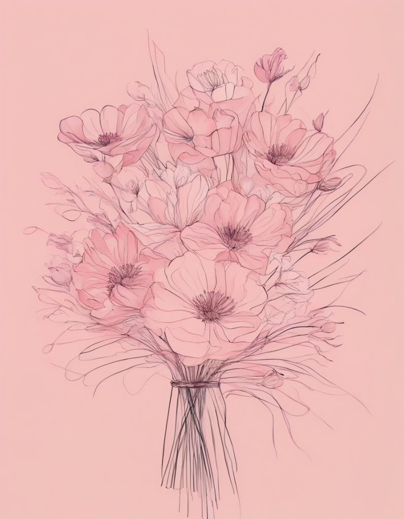 En enkel teckning av en rosa blombukett av vallmo med snöre runt, mot en rosa bakgrund.