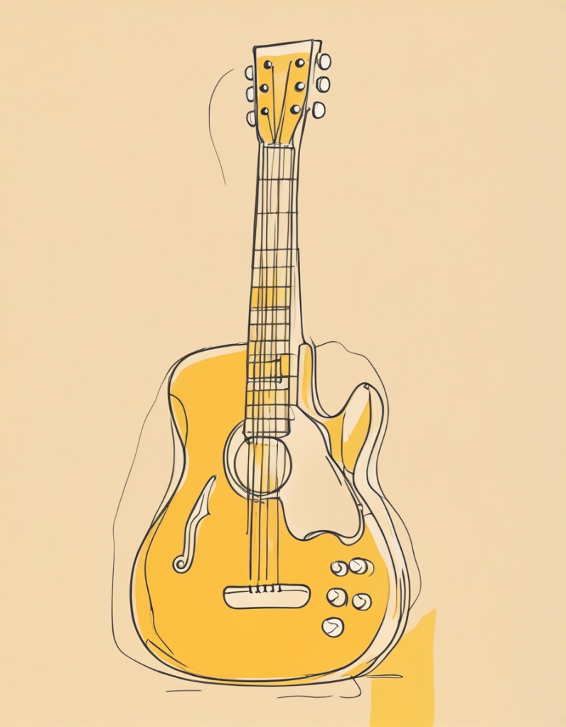 En enkel teckning av en stående gul elgitarr mot en beige bakgrund.
