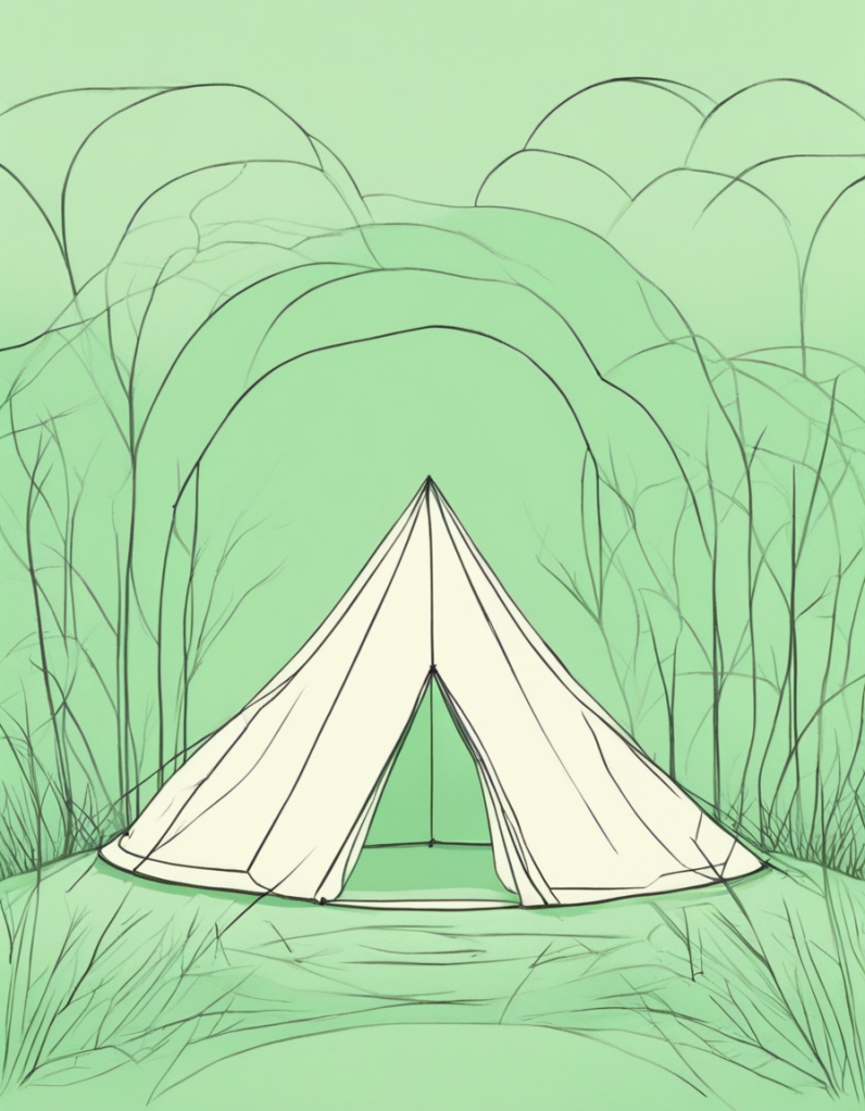 Enkel teckning med ett vitt, runt tält med en pastellgrön bakgrund i naturen.