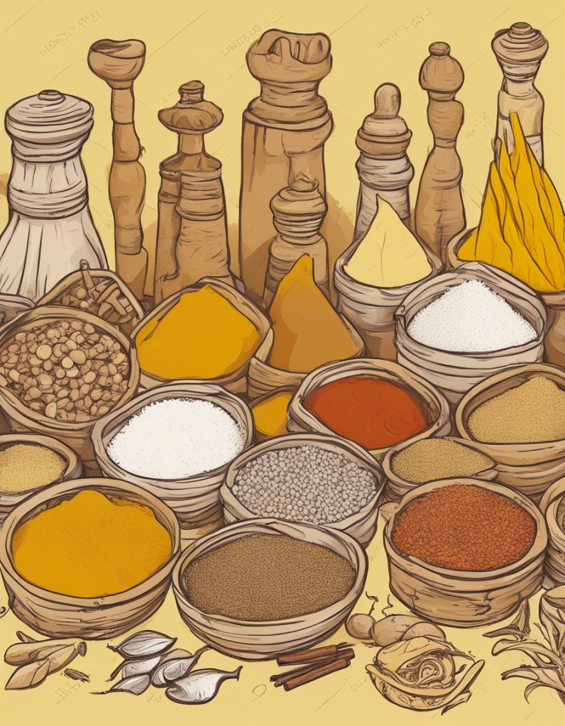 En enkelt teckning av kryddor av olika sorter i olika färger i ler- och träskålar, med kryddkvarnar bakom, mot en tegelgul bakgrund.
